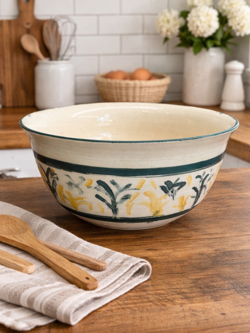 Handcrafted Rustic Farmhouse Style Hand Painted Green Yellow Pottery Bowl